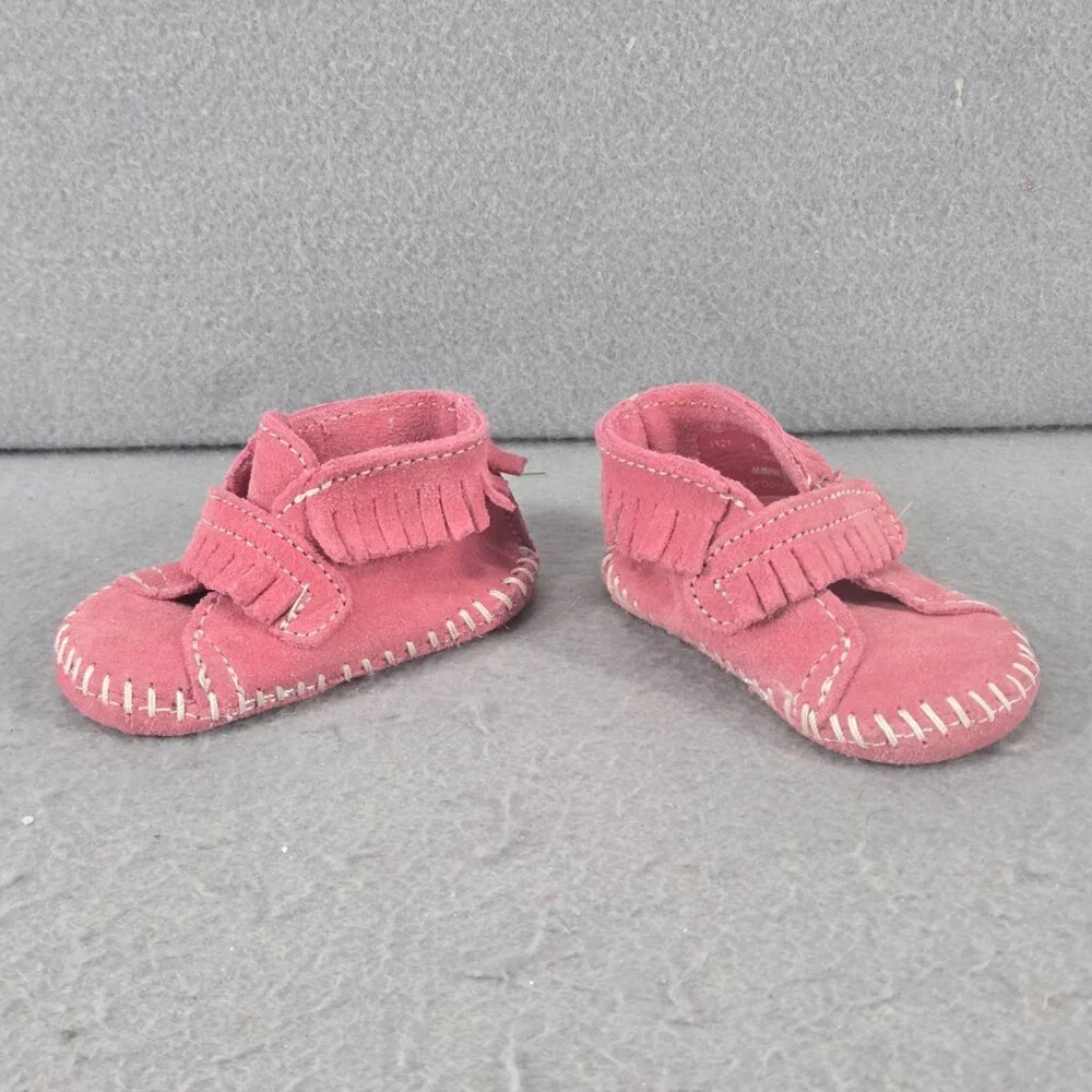 Minnetonka Pink Moccasin Fringe Booties, Infant Girls, Leather, Size 1